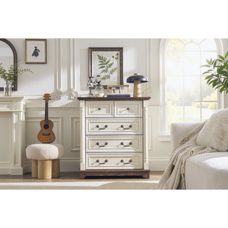 Sunvega 5 Drawer Dresser with Antique Finish Solid Wood Base for Bedroom Living Room