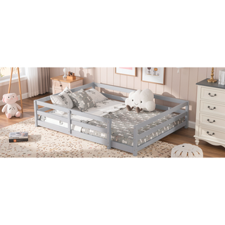 Sunvega Full Size Floor Bed with Fence for Kids Made of Sturdy Pine Wood