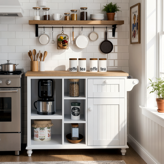 Sunvega White Kitchen Island Cart with Storage Cabinet and Two Locking Wheels for Kitchen Room