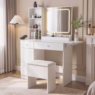 Sunvega Makeup Vanity Desk with Lighted Mirror, Power Outlet, Storage Stool, and Cabinet