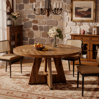 Sunvega 47 Inch Round Wood Dining Table with Walnut Finish for 4-6 Seating