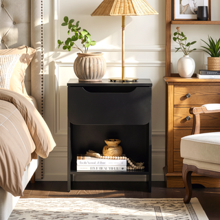 Sunvega Modern Minimalist Black Nightstand with Single Drawer and Open Cubby