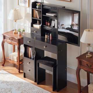Sunvega Small Size Left Drawer Vanity Table with Adjustable LED Mirror and Stool