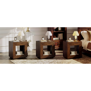 Sunvega Industrial Rustic Brown Wood End Table with 2 Tiered Storage Shelf and USB Outlets