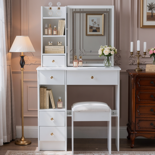Sunvega Small Size Left Drawer Vanity Table with Cushioned Stool and LED Mirror