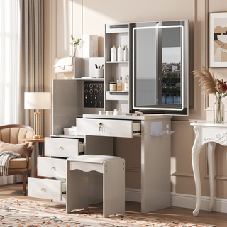 Sunvega 7-Drawer Vanity Desk with LED Mirror Jewelry Storage and PU Stool