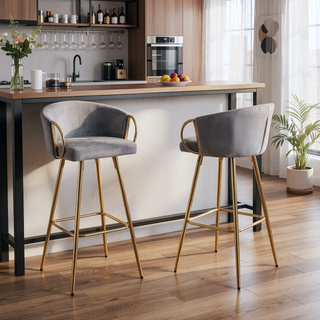 Sunvega 26 Inch Set of 2 Velvet Bar Stools with Chrome Footrest and Golden Leg