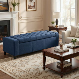 Sunvega Dark Blue Tufted Storage Ottoman with Removable Lid for Living Room