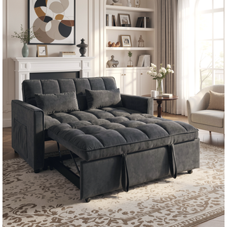 Sunvega Pink Velvet Convertible Sofa Bed with Reclining Backrest and Storage Pockets