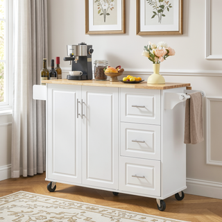 Sunvega Mobile Kitchen Island Cart with 3 Drawers Spice Rack and Drop Leaf Table