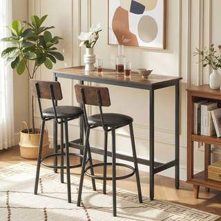 Sunvega Rustic Brown Bar Table Set with 2 PU Soft Seat Backrest Stools for Small Spaces
