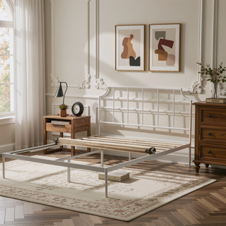 Sunvega Solid Metal Platform Bed with Rectangular Headboard and Scooped Corners, King, White