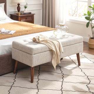 Sunvega Tufted Beige Storage Ottoman Bench with Safety Hinge for Bedroom