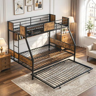 Sunvega Twin Over Full Metal Bunk Bed with Trundle and Guardrail for Bedroom