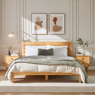 Sunvega Minimalist Boho Queen Bedframe with Slatted Headboard in Natural Pine