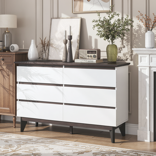 Sunvega Modern 5 Drawer Dresser with White & Walnut Finish for Bedroom
