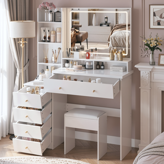 Sunvega 37 Inch Left Bedside Vanity Table with Cushioned Stool and Sliding LED Mirror