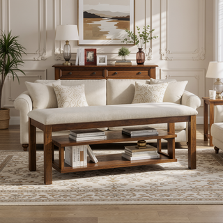 Sunvega Transitional Brown Finish Wood Frame Dining Bench with Beige Upholstered Seat