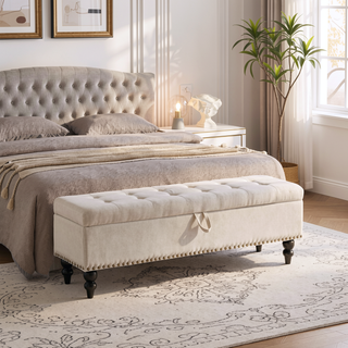 Sunvega Beige Fabric Upholstered Storage Ottoman Bench with Button Tufted Top