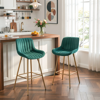 Sunvega Set of 2 Velvet Fabric Bar Stools with Chrome Footrest and Golden Legs