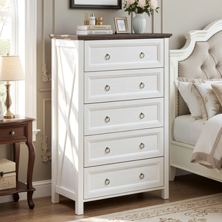 Sunvega Rustic Wooden Farmhouse 5 Drawer Dresser Chest with Metal Slides and Round Knobs