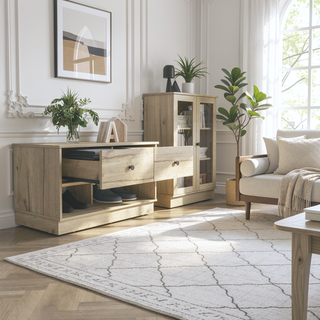 Sunvega Light Oak Storage Bench with Two Drawers and Two Open Shelves