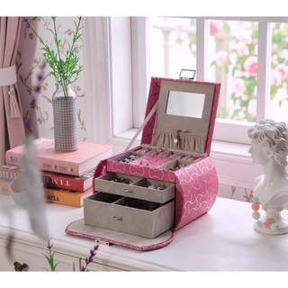 Sunvega Hot Pink Jewelry Organizer Case with Mirror and Multiple Drawers