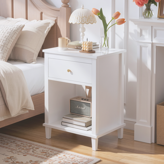 Sunvega White and Golden Kids Wooden Nightstand with One Drawer and Shelf