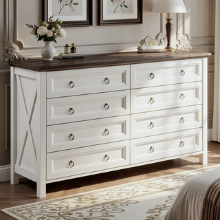 Sunvega Wooden Farmhouse 8 Drawer Dresser Chest with Barn Door Style for Bedroom