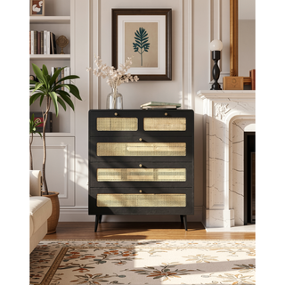 Sunvega Modern Rattan Dresser with 4 Wide Drawers and Gold Metal Handles for Bedroom