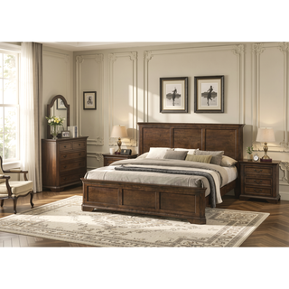 Sunvega Traditional Wood Panel Bed Set with Dresser Mirror and Two Nightstands