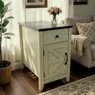 Sunvega Farmhouse End Table with Charging Station, Barn Door, and Drawer for Bedroom
