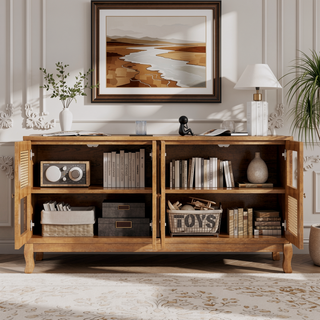 Sunvega Retro 4-Door Sideboard with Rattan and Glass Doors for Large Storage Space