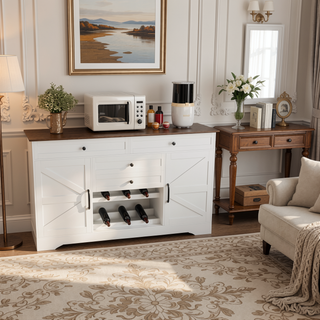Sunvega Modern Farmhouse White Buffet Cabinet with Hutch for Kitchen Storage and Dining Room