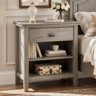 Sunvega Distressed Grey Transitional Bedside Table with Drawer and Shelf