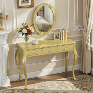 Sunvega Elegant Makeup Vanity Desk with Oval Mirror and 3 Drawers for Bedroom