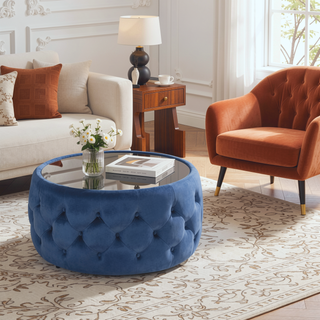 Sunvega Modern Glam Velvet Ottoman with Tempered Glass Top and Button Tufting
