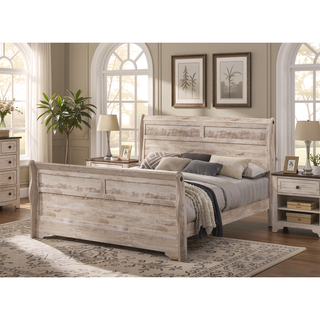 Sunvega White Wash Finish King Sleigh Bed Dresser Mirror Nightstand Bedroom Set