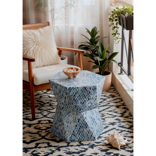 Sunvega Blue Capiz Inlay Tapered Hexagon Accent Stool for Bedrooms