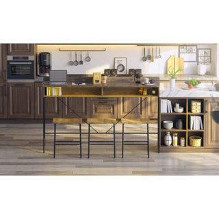 Sunvega 59 Inch Sofa Table with Power Outlet LED Light and 3 Saddle Stools