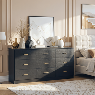 Sunvega Modern Black 9-Drawer Dresser with Golden Handles for Bedroom Storage