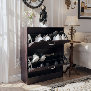 Sunvega Dual-Door Shoe Cabinet With Adjustable Shelves And Modern Black Wengue Finish