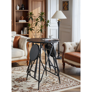 Sunvega Black Stowable Side Table and Two Seats with Foldable Iron Frame