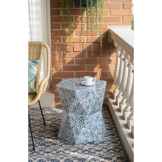 Sunvega Blue Capiz Inlay Tapered Hexagon Accent Stool for Bedrooms