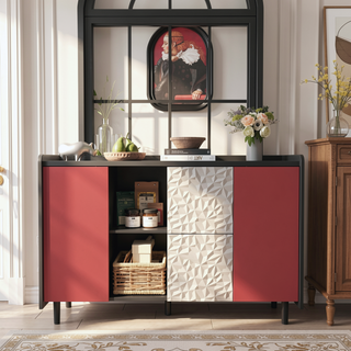 Sunvega Black and Red Modern Sideboard Buffet Cabinet with 2 Drawers