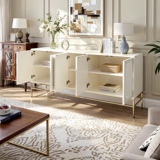 Sunvega White Lacquer Birchwood Sideboard Buffet with 5 Cabinet Doors and Adjustable Shelves