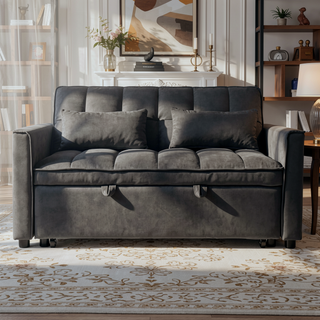 Sunvega Pink Velvet Convertible Sofa Bed with Reclining Backrest and Storage Pockets