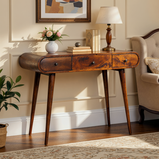 Sunvega Nordic Brown Chestnut Mirror Dressing Table with 2 Drawers and Storage Compartments