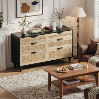 Sunvega Modern Natural Rattan 6 Drawer Dresser with Wood Legs for Bedroom Storage