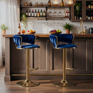 Sunvega Set of 2 Blue Velvet Swivel Bar Stools with Chrome Footrest and Adjustable Height